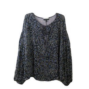 Eloquii Elements Top Plus Sz 28 Tie Front Long Sleeve Navy Blue Floral 100%Rayon